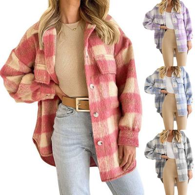 Moda mujer cuello cuello manga larga cuadros de gran tamaño Casual Tops Shacket abrigo
