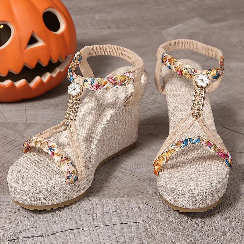 Fashion Bohemia Woven Band Wedge Sandals Women Summer Non Slip Thick Bottom Gladiator Sandalias Mujer Slip On High Heel Sandles Woman