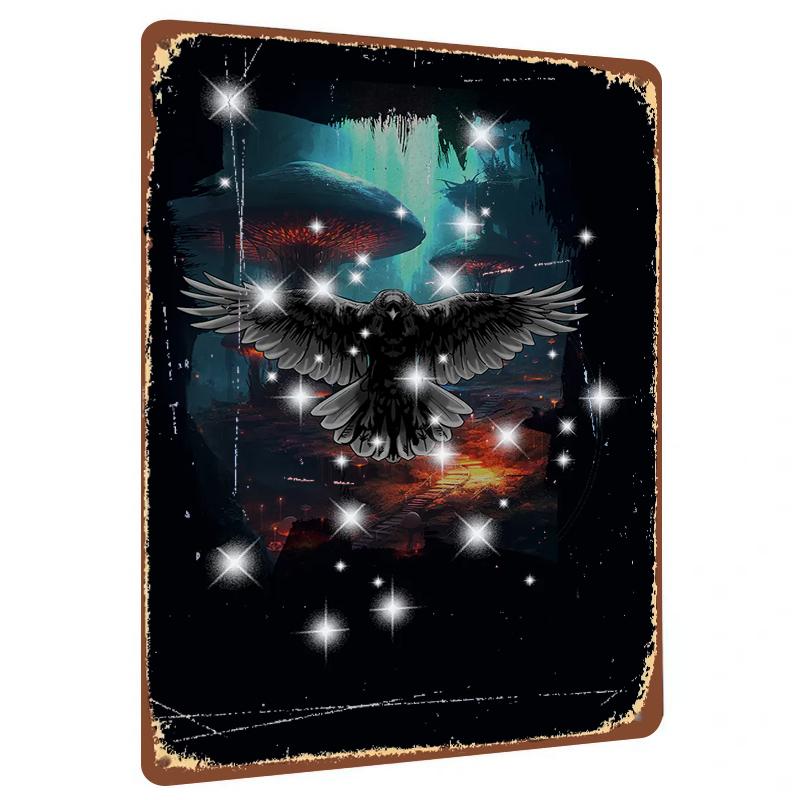 

Dark Style Crow Spreading Wings Metal Iron Painting Fantasy Glowing Forest Cave Scenery Home Wall Decor Hanging Ornament 20x30cm（7.8x11.8inch）