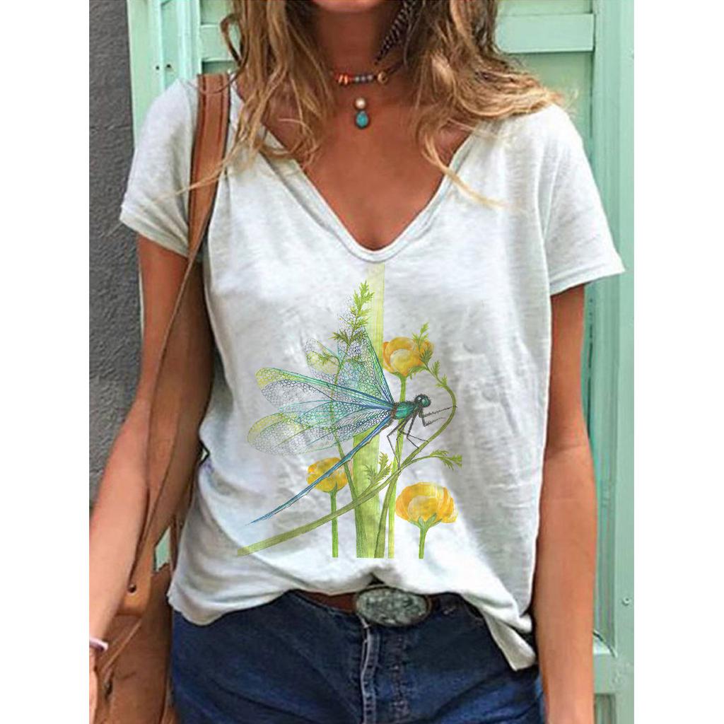 New 3D Printed Short Sleeved Women's Summer Casual Flower and Bird Print V-neck T-shirt
