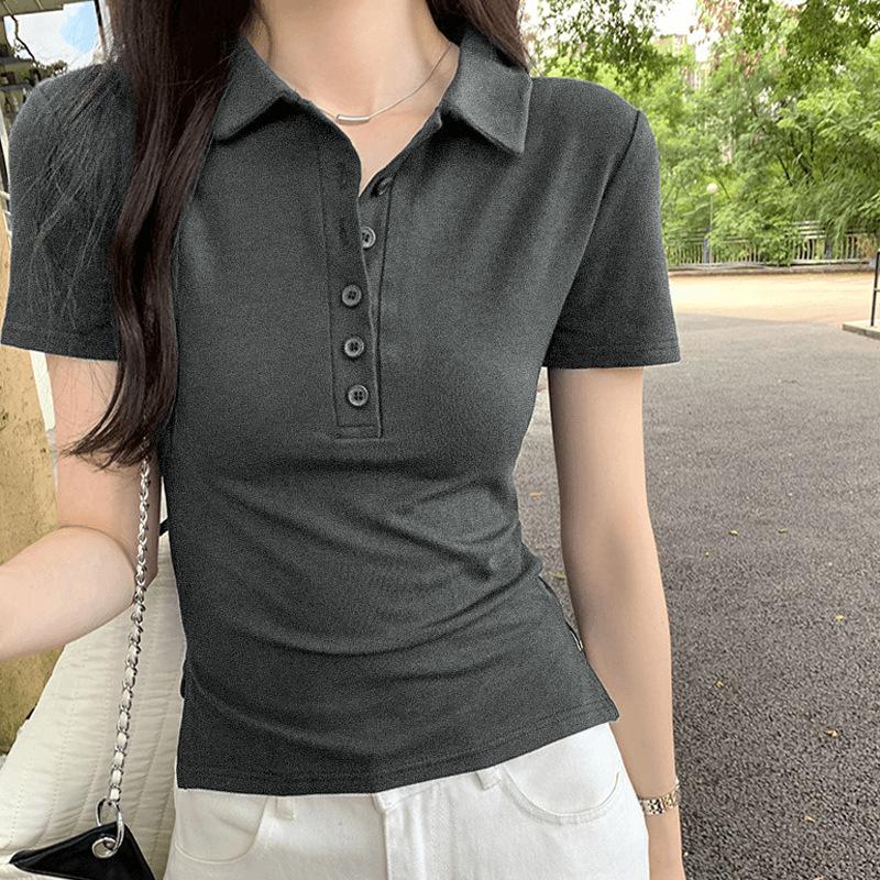 Women's Summer Slim Fit Polo Shirt - Short Sleeve, Button Collar, Straight Shoulder Design