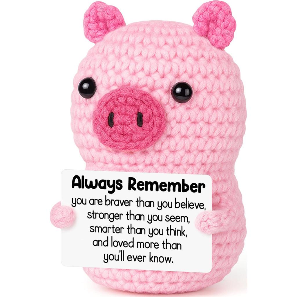 Pink Cute Pig Positive Crochet Animals Doll With Card Desktop Ornament Emotional Support Handmade Knitted Cheer Up Toy