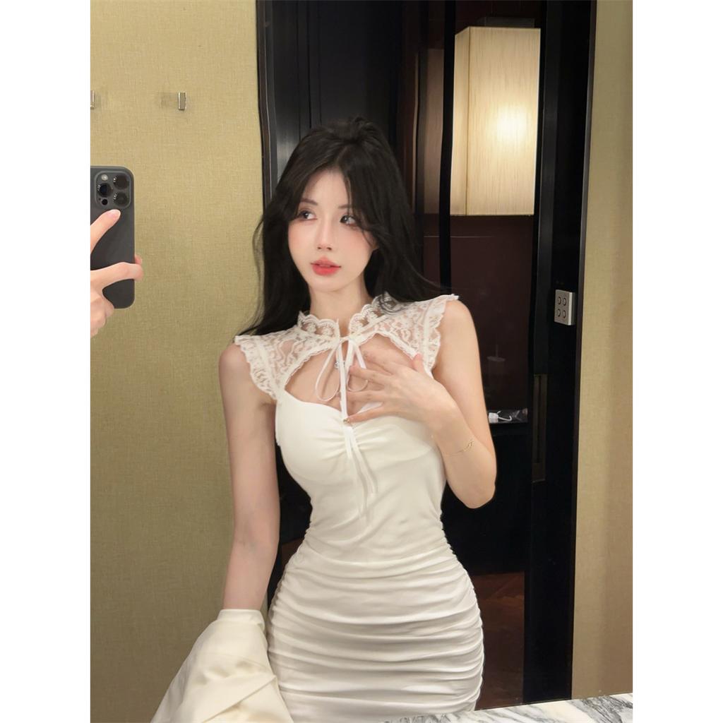 Skirt female winter pure desire hot girl sexy lace stitching lace-up small man sleeveless tight hip-wrapped dress