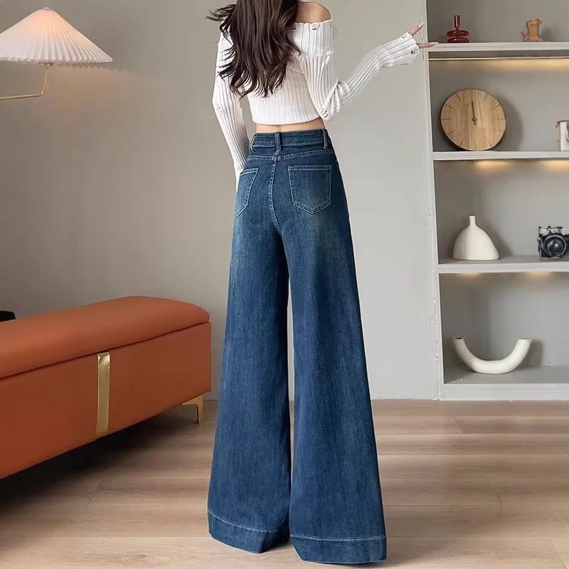 Women's High-Waisted Dark Blue Wide-Leg Jeans for Spring-Summer 2025