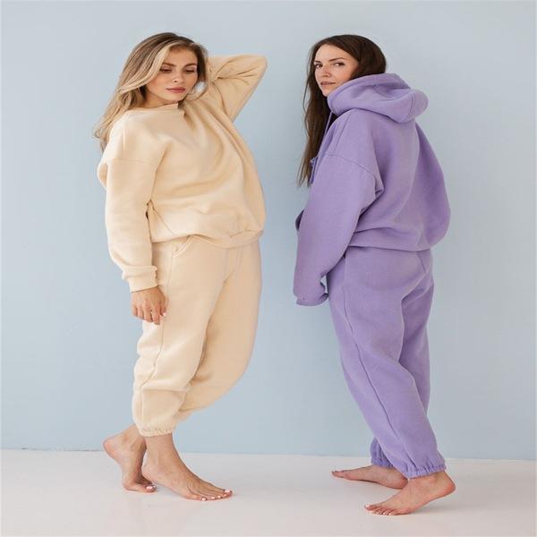 Fashion Pure Color Two-Piece Suits Casual Outfits Long Sleeve Sweatshirts Pullovers Pants Sport Wear for Women S-2XL