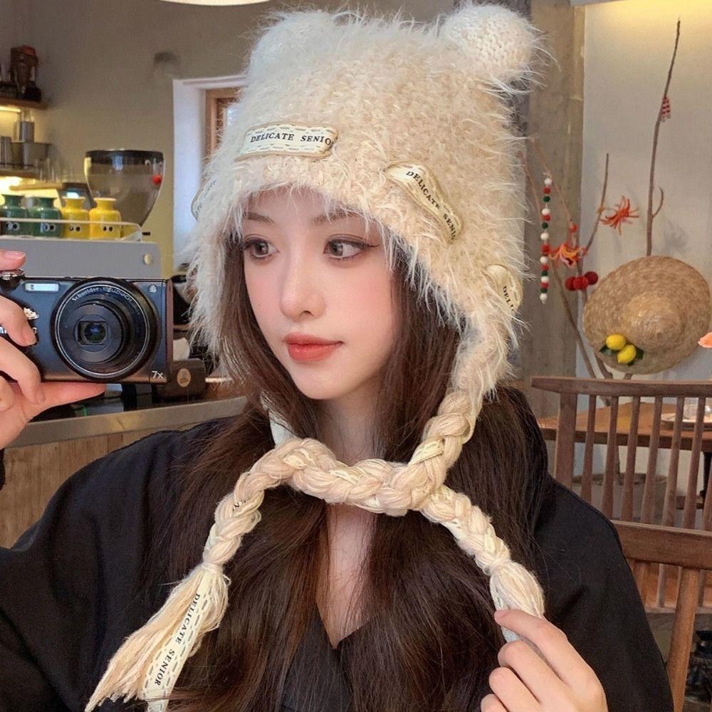 Cold-proof Faux Fur Beanies Hat Thicken Knitted Bobble Cap  Women Accessories