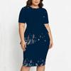 Women Plus Size Round Neck Short Sleeve Printed Navy Blue Asymmetric Top Fitted Skirt Two Piece Set