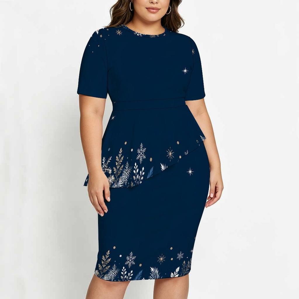 Women Plus Size Round Neck Short Sleeve Printed Navy Blue Asymmetric Top Fitted Skirt Two Piece Set