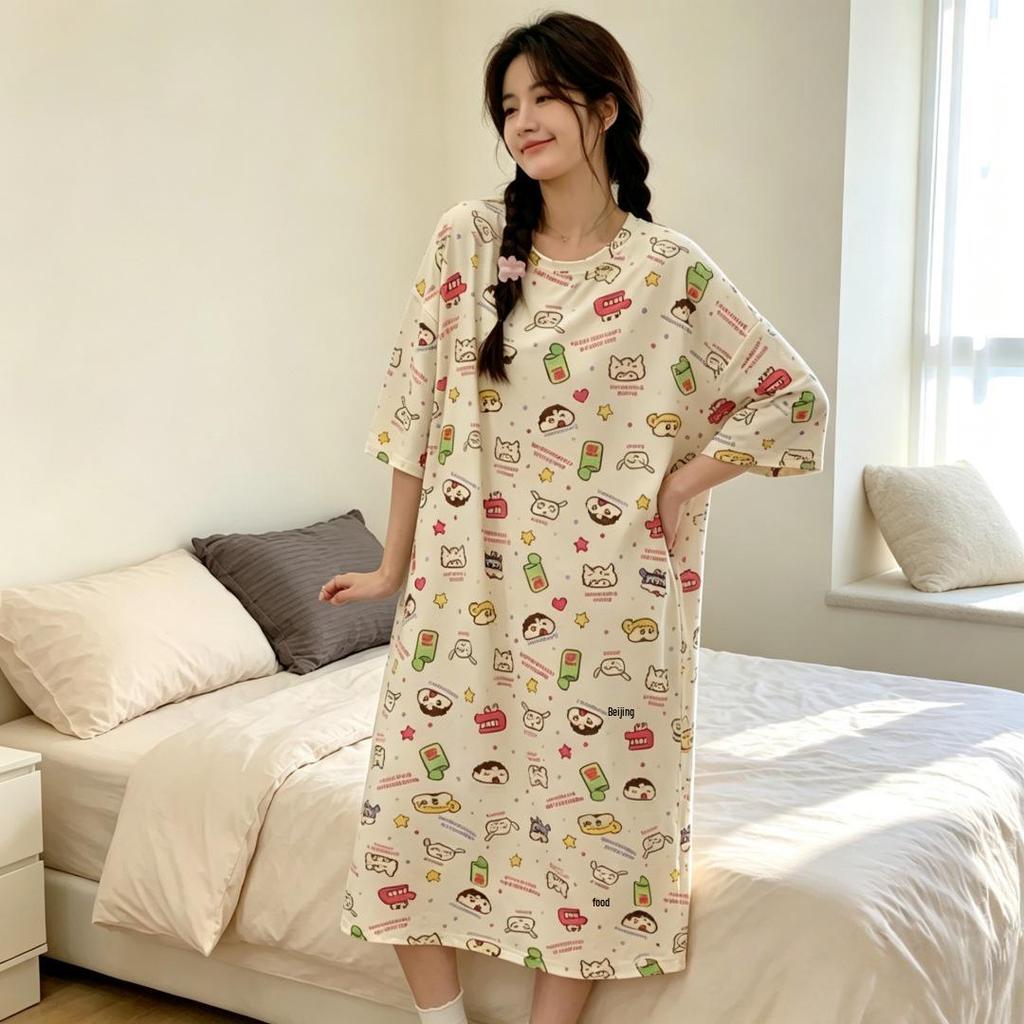 Damen Sommer Pyjama Set im koreanischen Stil - Kurzarm Nachthemd, Niedlich Übergröße für Damen und Studentinnen