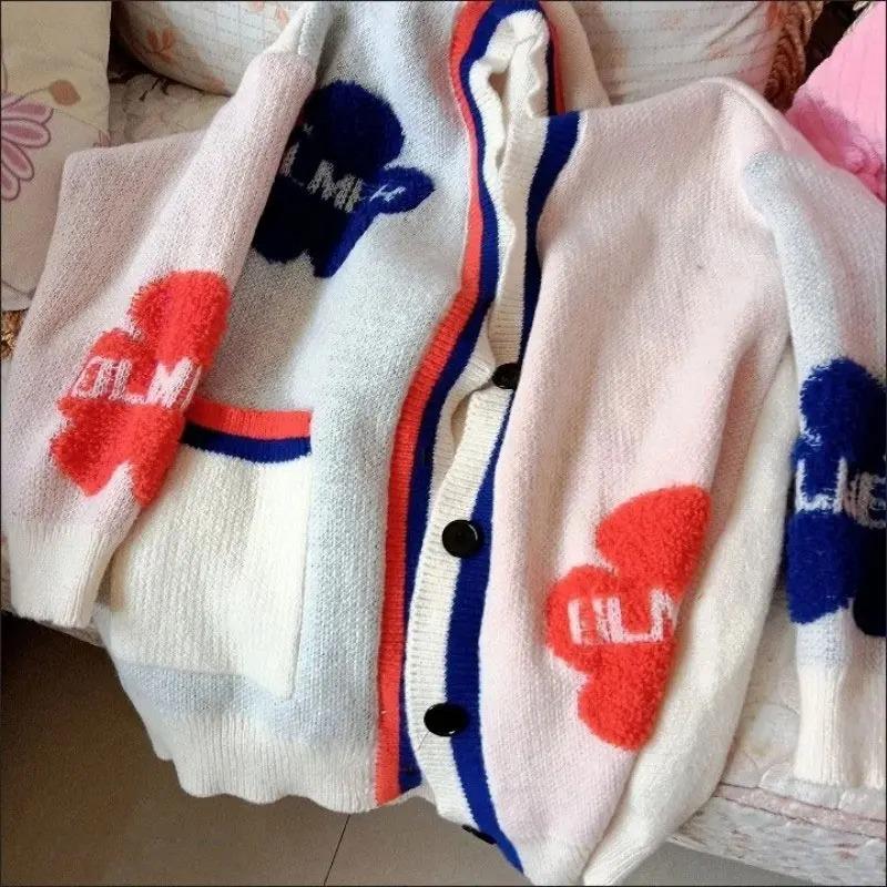 Blue Acrylic Knit V-Neck Letter Flower Casual Women's Cardigan Sweater Single Breasted Cardigan Women Clothing Thick Winter