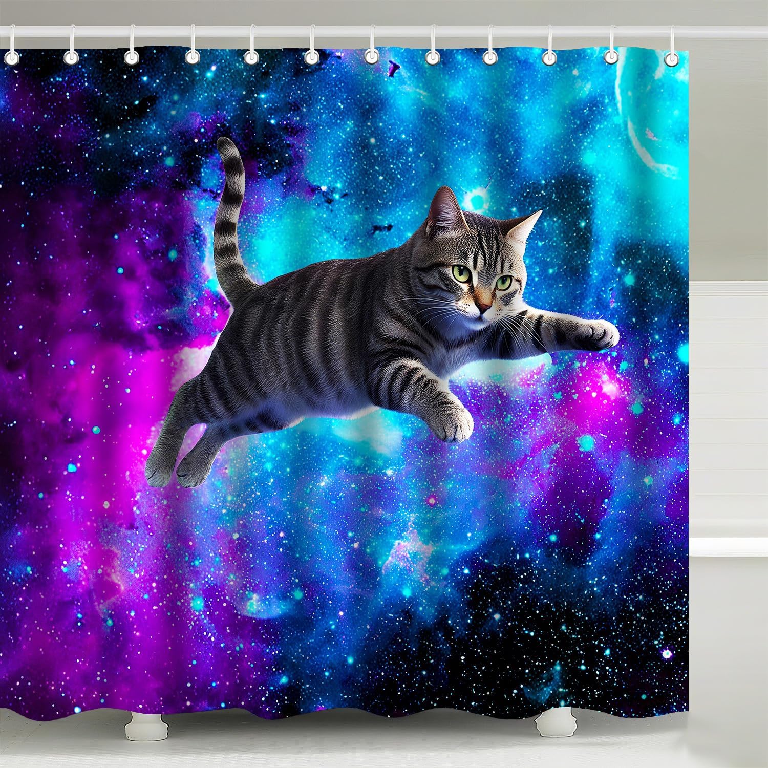 

Cute Flying Space Cat Shower Curtain, Funny Kitten Playing Blue Purple Galaxy Nebula Design, Waterproof Washable Fabric W60H190(CM)-1 Pcs