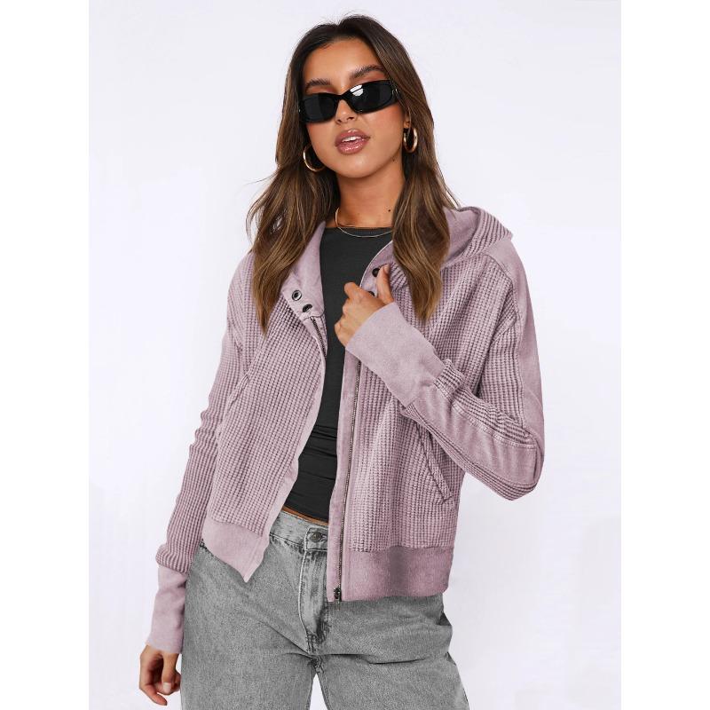 Jacket Patchwork Sweatshirt Women's Hooded Sweatshirt Slouchy Style Zipper Hoodie Short Knitwear