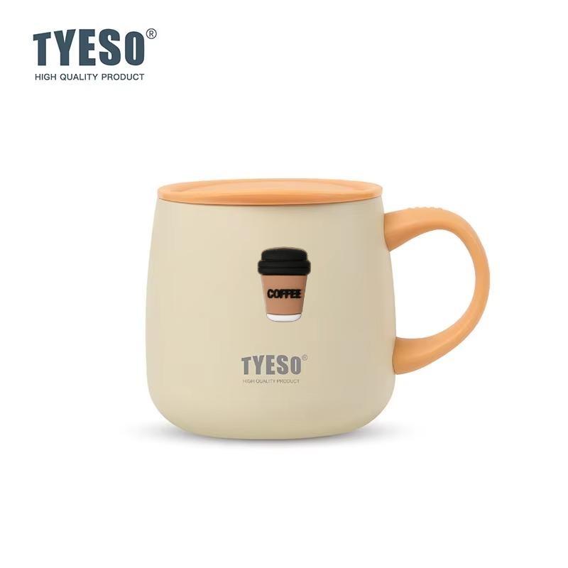 TYESO 355ml Double Wall Vacuum Insulated Mug with Ceramic Coating Inner One-Handed Open Lid Coffee Cup for Hot Cold Drinks with Coffee Sticker