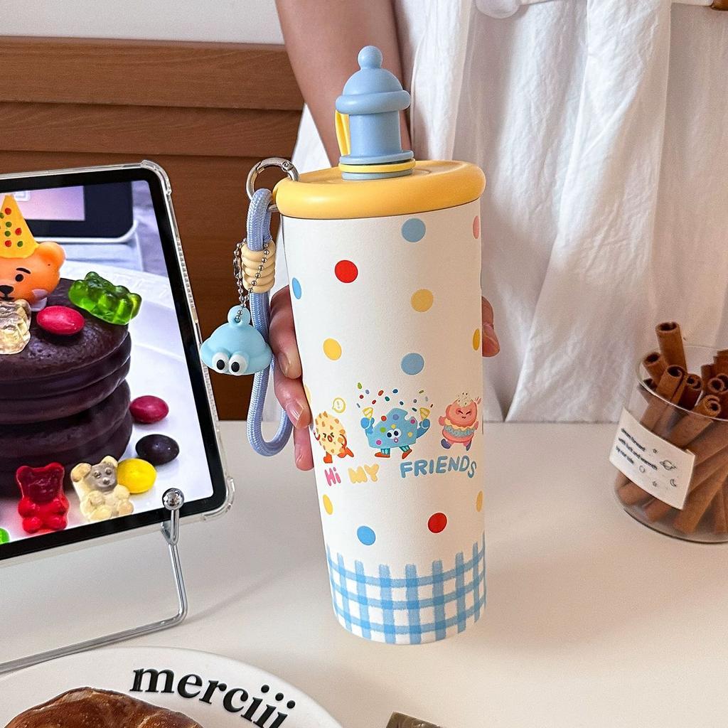 Cartoon High-value Straw Thermos Cup for Girls, Convenient Handle with Small Pendant 316 Stainless Steel Cute Accompanying Cup