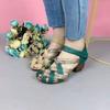 New Summer Top Cowhide Printing Spell Color Trend Sandals Open Toe Genuine Leather Sandals Thick Heel Women Sandal Shoes