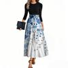 Women's Fashion Casual Belted Three-quarter Sleeve Round Neck Floral Printed Elegant Temperament Dresses