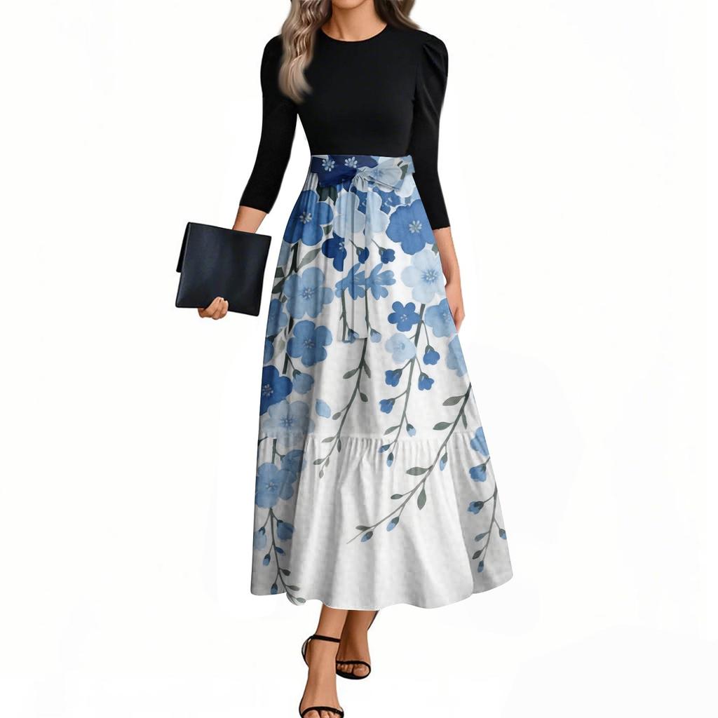 Rochii de damă la modă, casual, cu mâneci trei sferturi, cu guler rotund, cu imprimeu floral, elegante, cu temperament