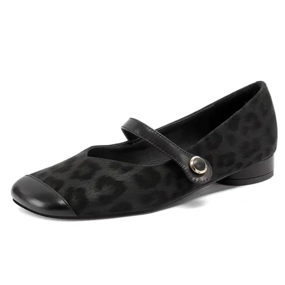 French retro square head leopard print one-word buckle with Mary Jane small leather shoes with skirts, beautiful low heels, light mouth single shoes 