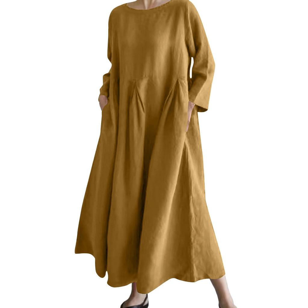 A Fashionable -color Round-neck, Long-sleeved, Loose And Large-swing Pocket Dress For Ladies