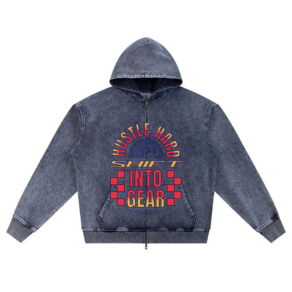 

Худи на молнии из вязаного денима с принтом DTG Hustle Hard Shift into Gear Автомобильная типография Принт Brother Толстовки на молнии XL темно-синий