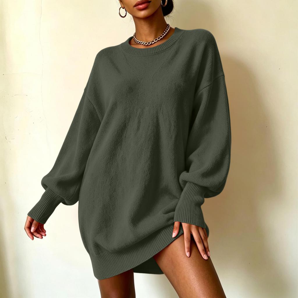 Women's Loose Fit Knit Midi Sweater Dress with Sleeves and Turn-Down Collar