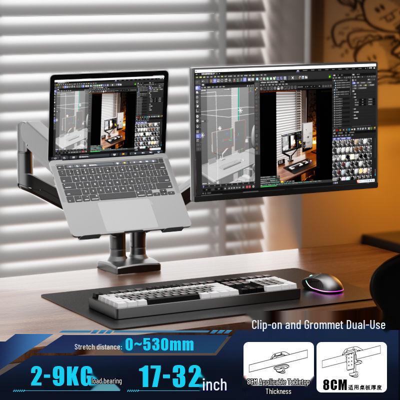 White Mechanical Arm Dual-Screen Laptop Stand: Liftable, Rotatable, and Suspended Cantilever Riser.