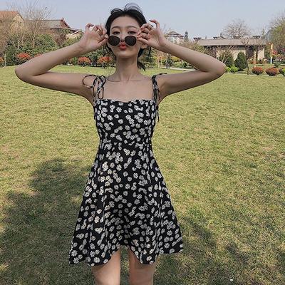 Women's Square Neck Sleeveless Daisy Print A-Line Dress High Waist Tie Strap Mini Dress