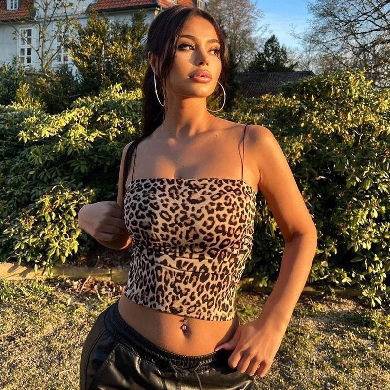 Wind women's clothing summer new fashion printing sexy exposed button leopard print tube top women's sling vest