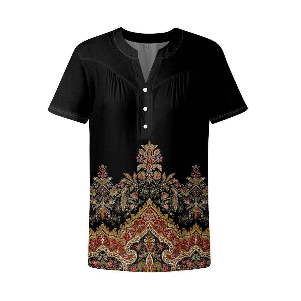 Women's Casual Floral Print V-Neck Short Sleeve Decorative Button T-Shirt Top