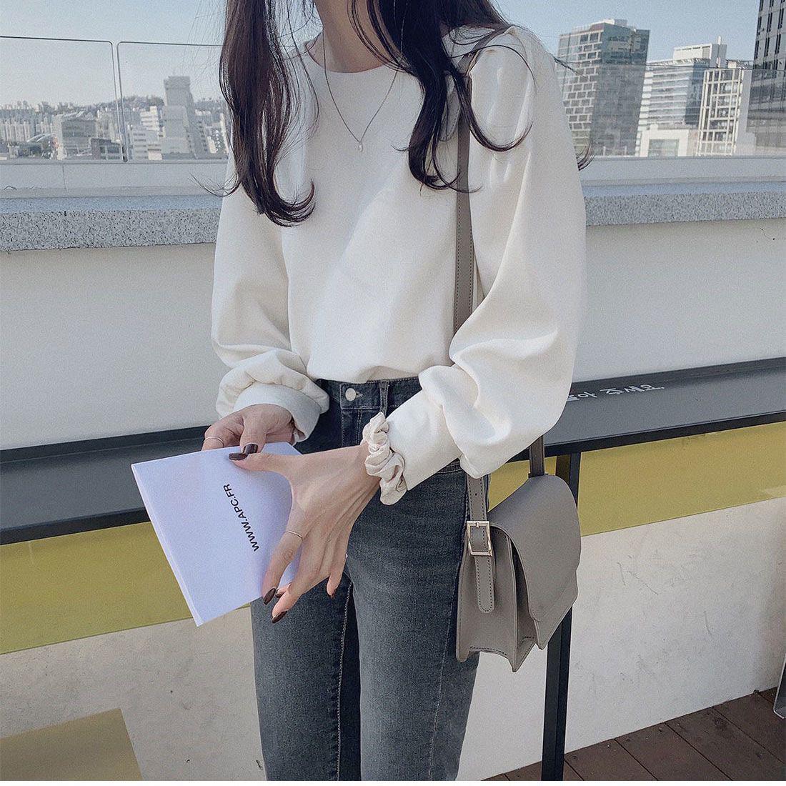 2023 Retro Korean Chic Puff Sleeve Loose Round Neck Women s Top XXS бежевый