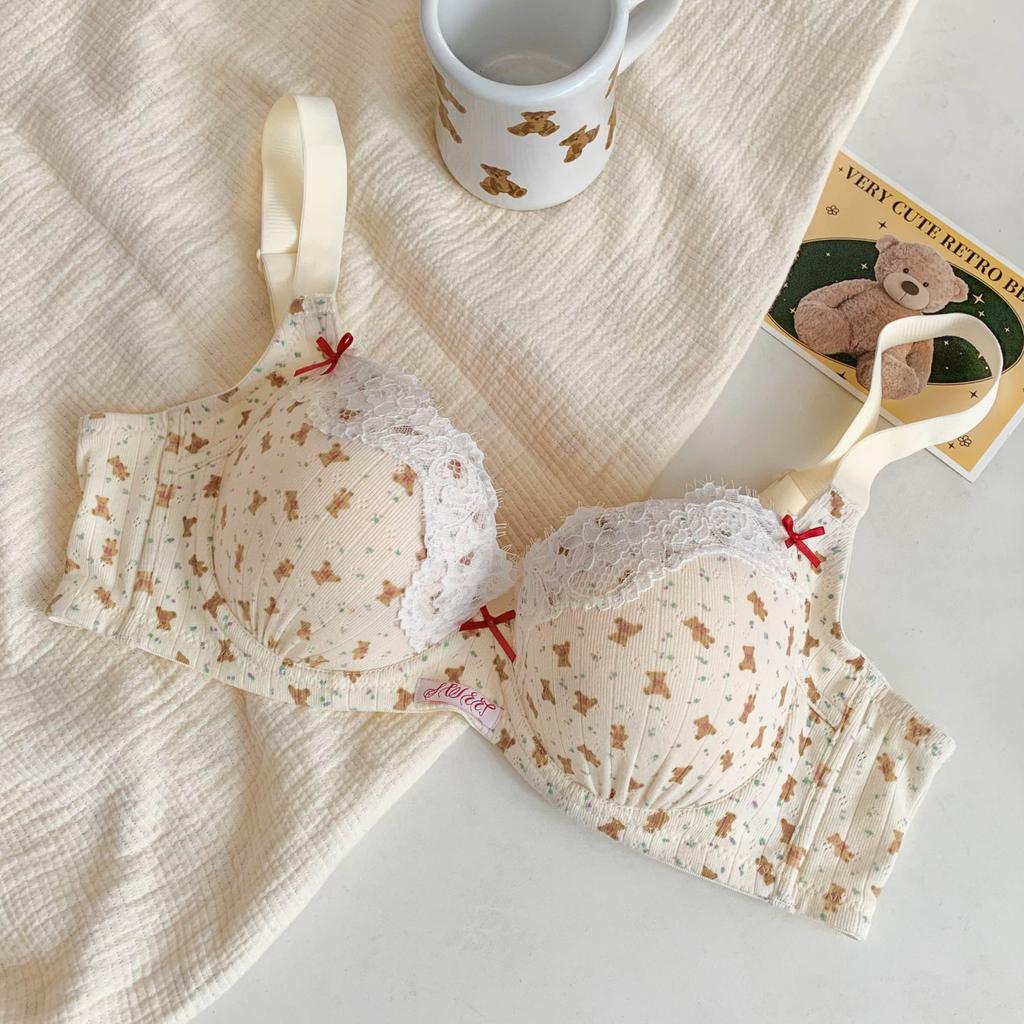 Printed bear French floral lace underwear women's small breasts gather to show large and thin bras new models