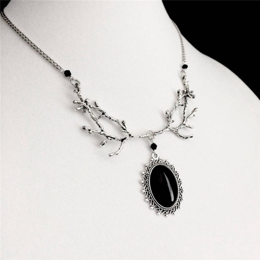 Fashion Gothic Silver Color Tree Branch Oval Lacework Black Imitation Gemstone Pendant Necklace for Women Men Halloween Jewelry
