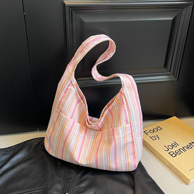 Ins Dopamine Striped Canvas Shoulder Bag Women Large Capacity Underarm Bag Summer Cute Student Class Handbag