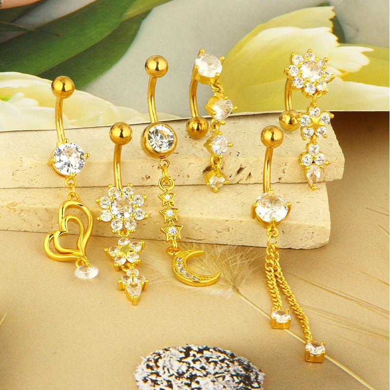 1pc Golden Belly Button Rings Pack Stainless Steel Long Dangling Navel Belly Piercing Jewelry For Women 14G Belly Bar Kit Stud
