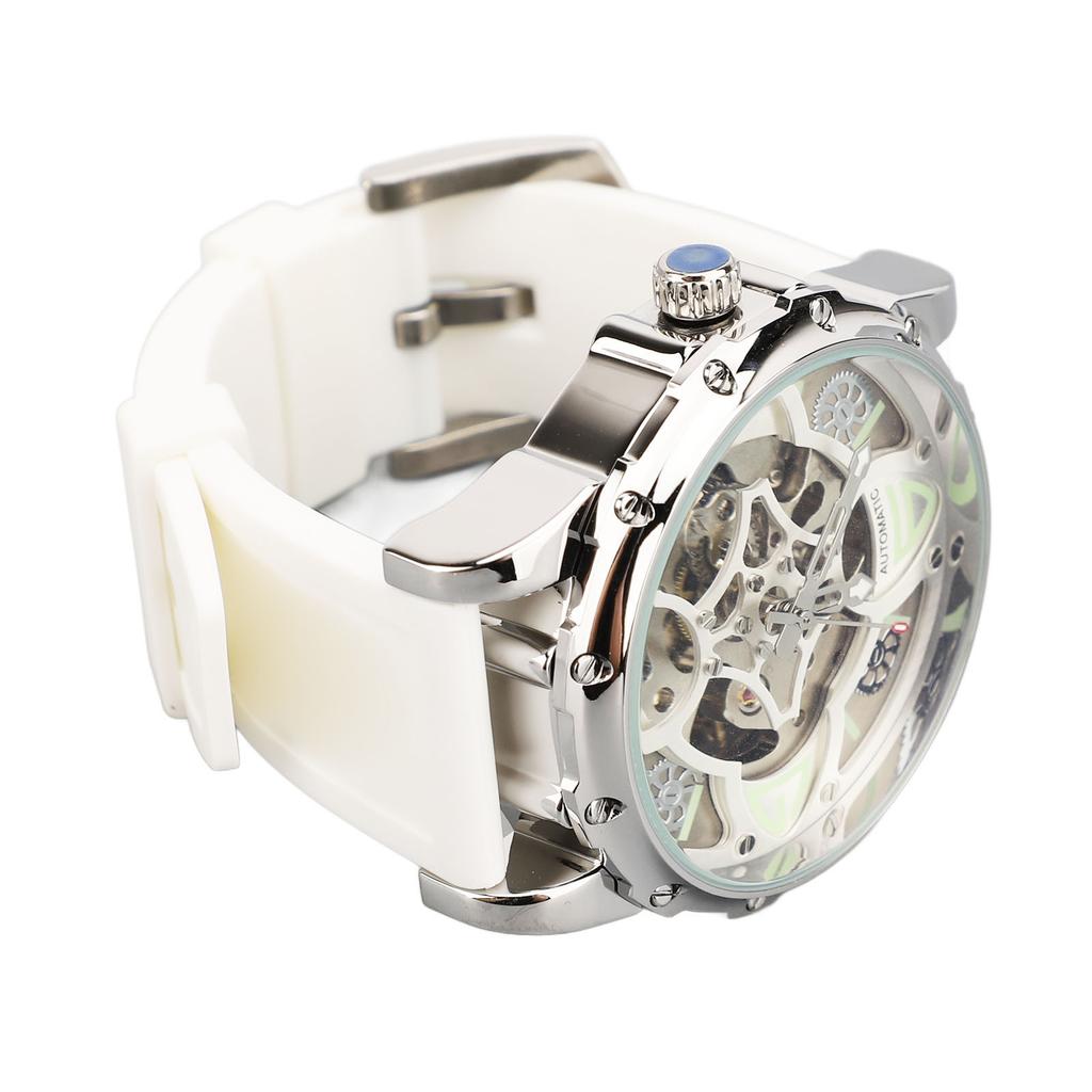 Automatic Mechanical Watch Four Leaf Clover Pattern Double Skeleton Dial 30M Water Resistance Luminous Silicone Strap