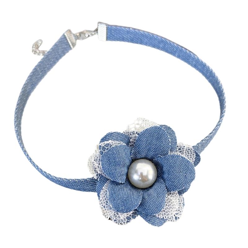 Elegante Collana Floreale in Jeans Blu Collare a Fiore 3D Catena con Lacci Choker Collane Tendenza Estiva Gioielli per la Clavicola