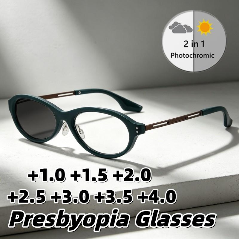 Retro Oval Frame Photochromic Presbyopia Glasses Anti Blue Light High Definition Comfortable Reading Eyewear +1.0 To +4.0