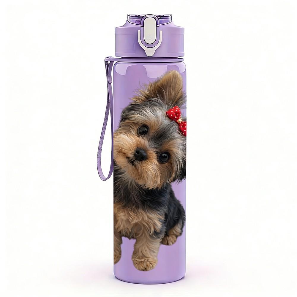 1PC Small Yorkie Puppy Headshot 750ml Color Plastic Sports Water Bottle Leakproof Flip Straw Lid Suitable for Sports Office Home Use