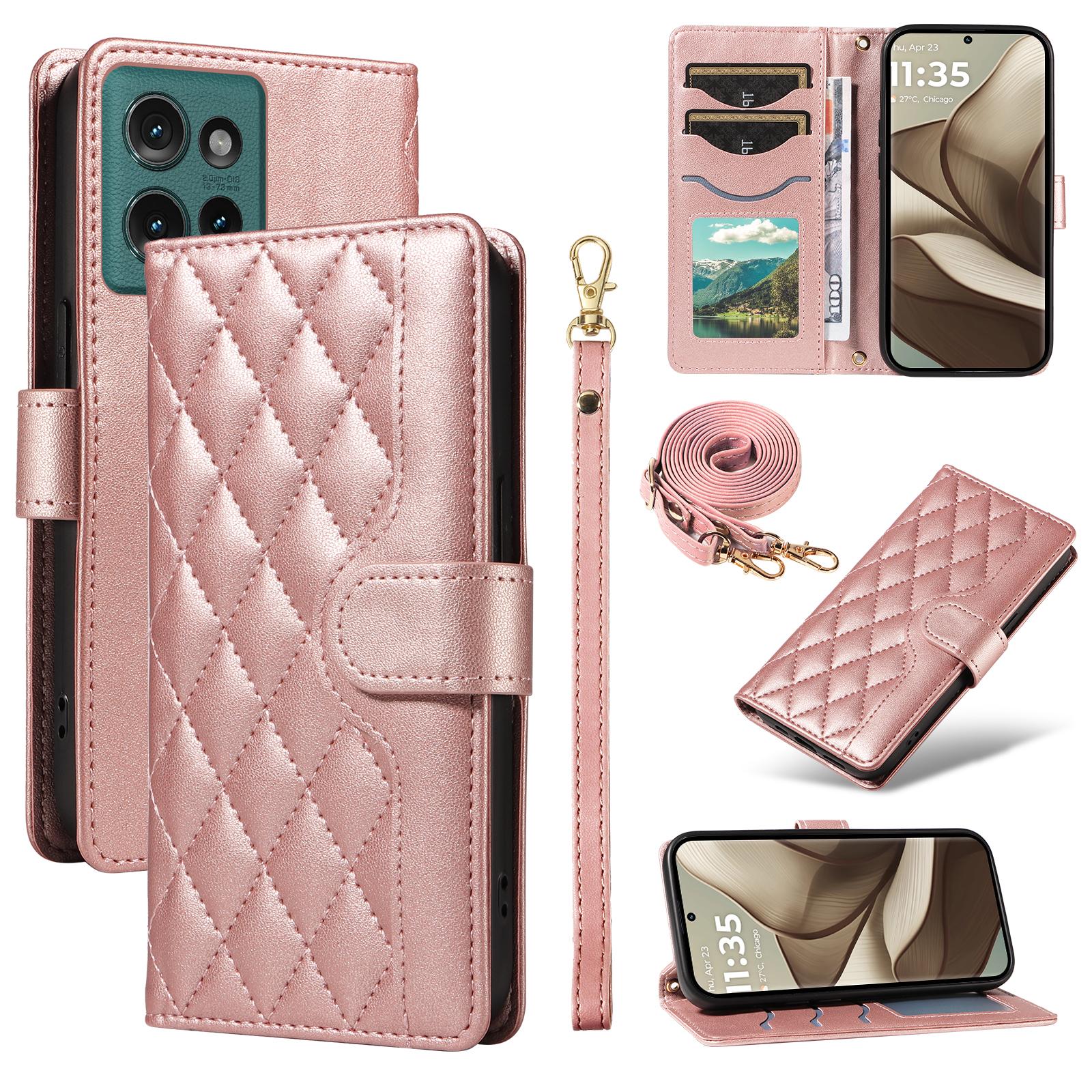 

For Motorola Edge 50 5G Case Wallet Rhombus Leather Phone Cover with Shoulder Strap,Wrist Strap Rose Gold