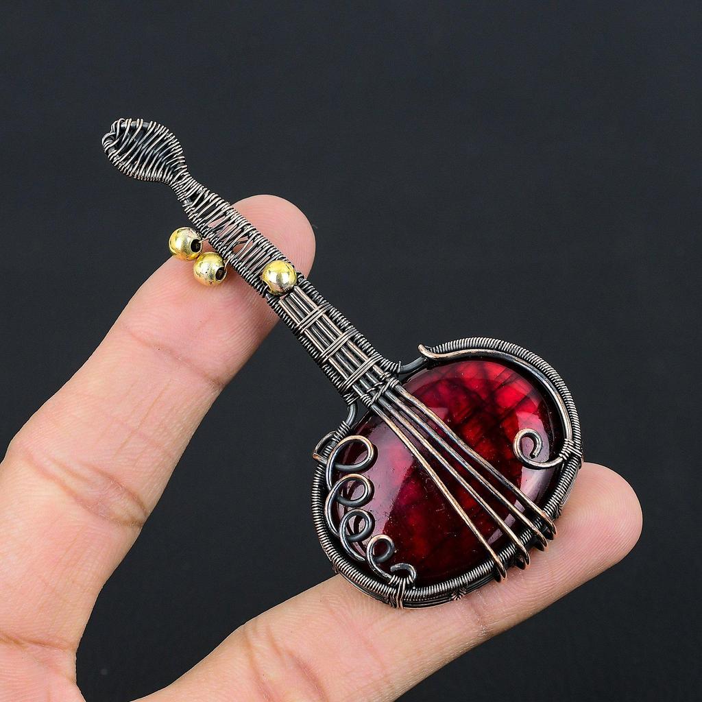 Red Flash Labradorite Pendant, 999 Copper Wire Wrapped Jewelry, Gemstone Jewelry Pendant, Handmade Wedding Gift Jewelry