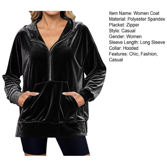 Hanorac de catifea cu glugă pentru femei, supradimensionat, cu mâneci lungi și fermoar, jachetă casual de toamnă din velur cu buzunare