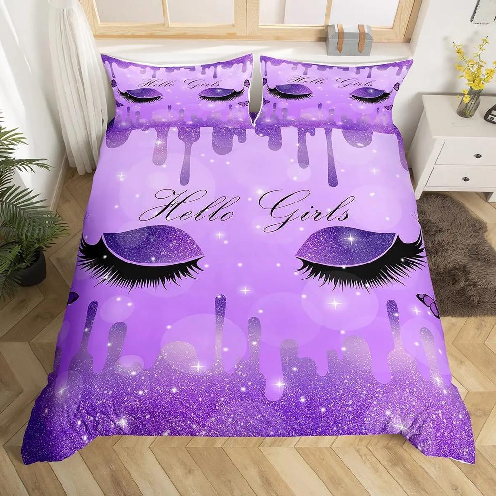 Women Eyelash King Queen Duvet Cover Glitter Galaxy Bedding Set Pink Sequin Ink Fluid Art Quilt Cover Polyester Comforter Cover
