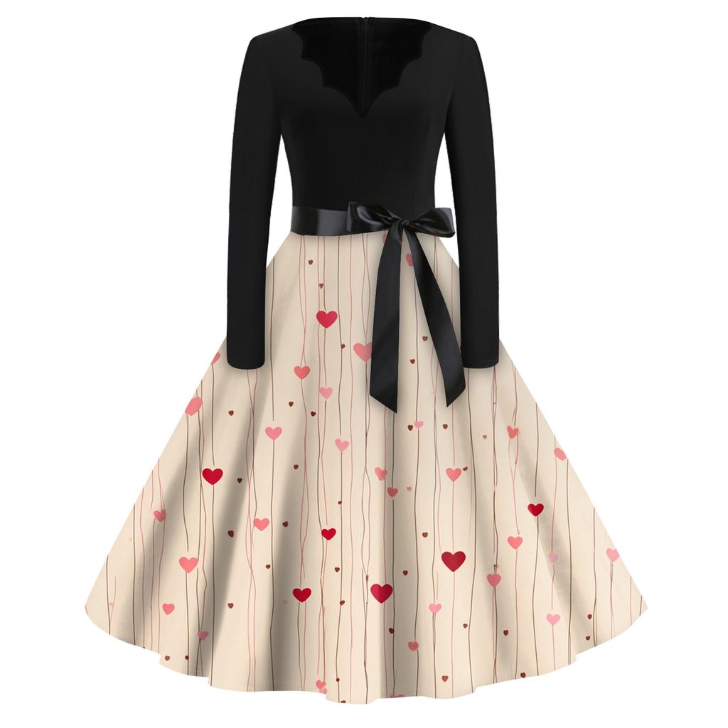 Print Flare Dress For Women Long Sleeve Dress Hollow Party Casual Dresses