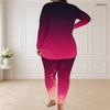 Women Plus Size Pants Set Round Neck Long Sleeve Black Teal Gold Printed Longline Top Fitted Pants