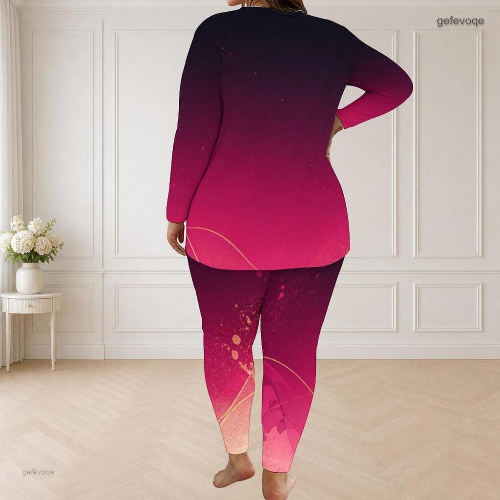 Women Plus Size Pants Set Round Neck Long Sleeve Black Teal Gold Printed Longline Top Fitted Pants