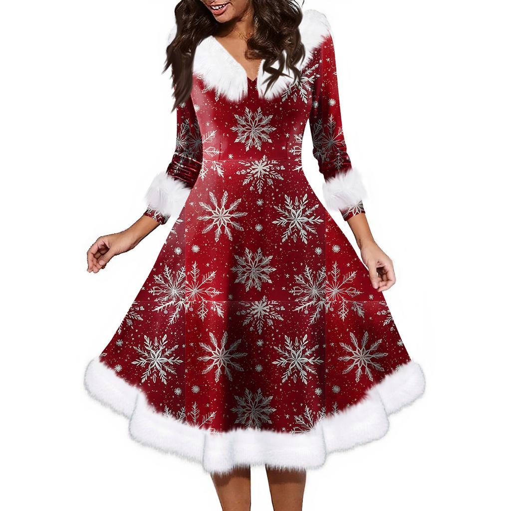Women's Fashion V-neck Casual Fit Christmas Print Party Long Sleeve Dress