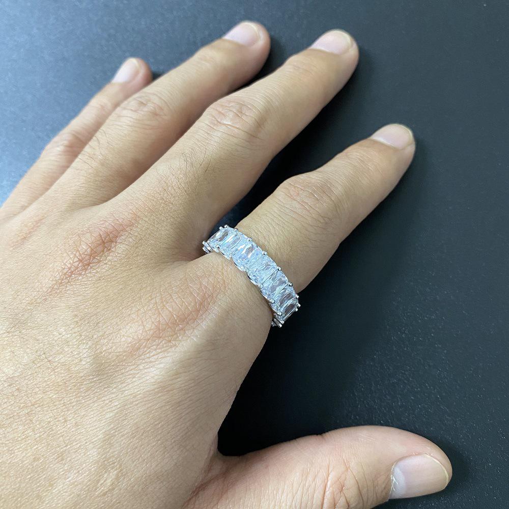 T-Shaped 6mm Zircon Single Row Hip-Hop Square Diamond Ring, Real Gold Plated Unisex Couple Ring.