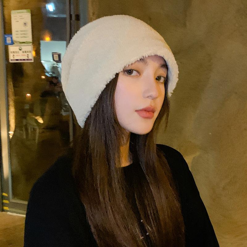 Face Small Pile Hat Women'S Spring And Autumn Versatile Plush Hat Winter Knitted Headhat Black Big Head Circumference Cold Hat