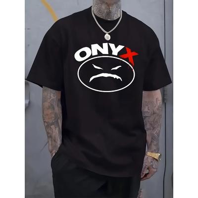 Black Plus Size Men's Clothing T-Shirt with White Text 'ONY' and a Red 'X' ; Urban Style with Unique Illustrations -  Perfect for Casual Occasion