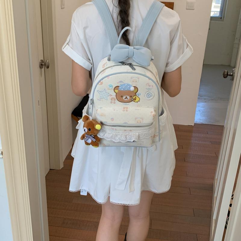 Schoolbagins Sweet Easy Bear Embroidered Backpack Blue Bow Lace Girls Campus Commuter Cute Little School Bag